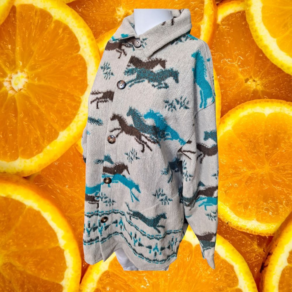 Mazmania Horse Print Western Button Up Jacket‎ Equestrian Southwestern Cozy M